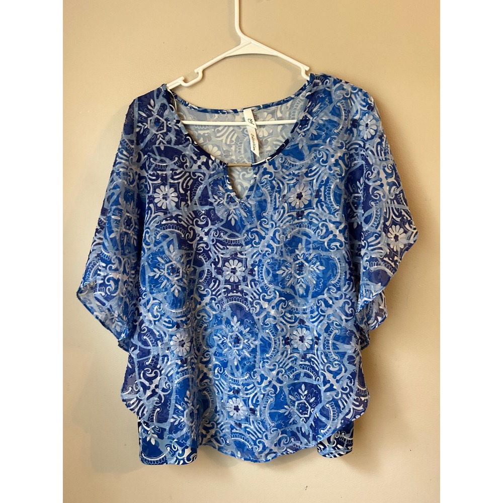 NY Collection‎ Women's Blue White Medallion Print V Neck Kaftan Tunic XL Boho